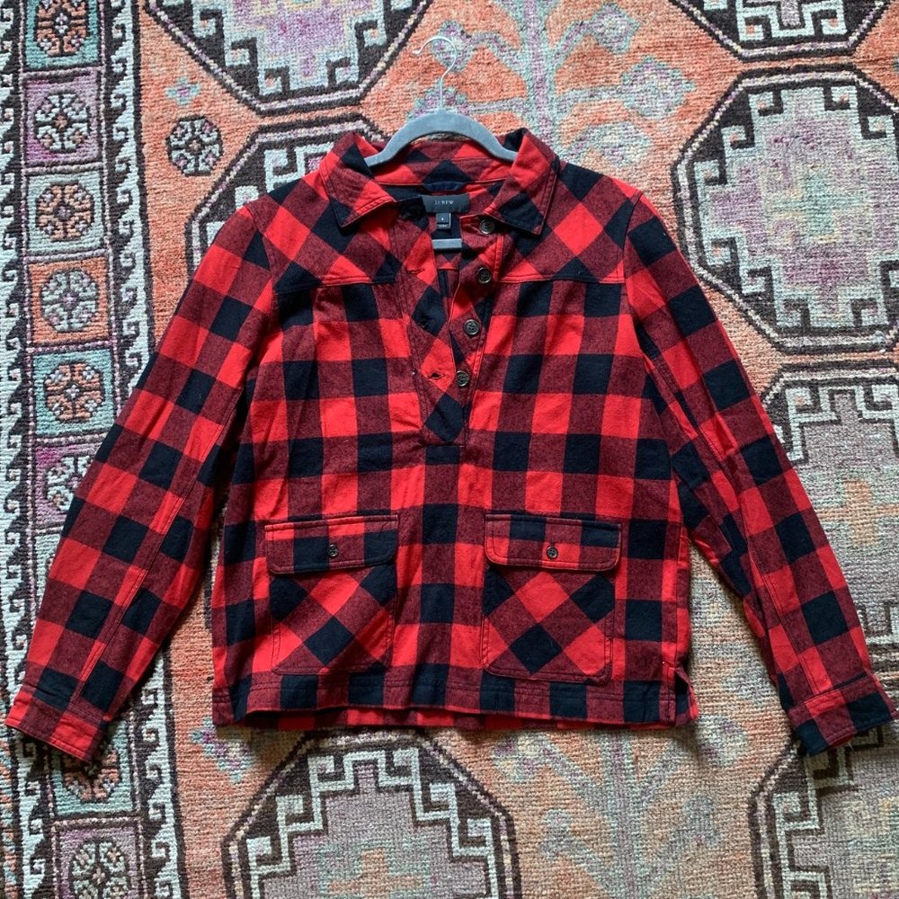 J.Crew Wool Plaid Flannel Half-Button Overshirt